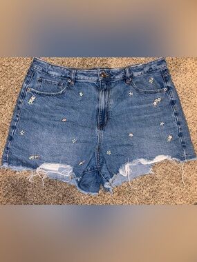 American Eagle Outfitters Blue Embroidered Distressed Denim Shorts
